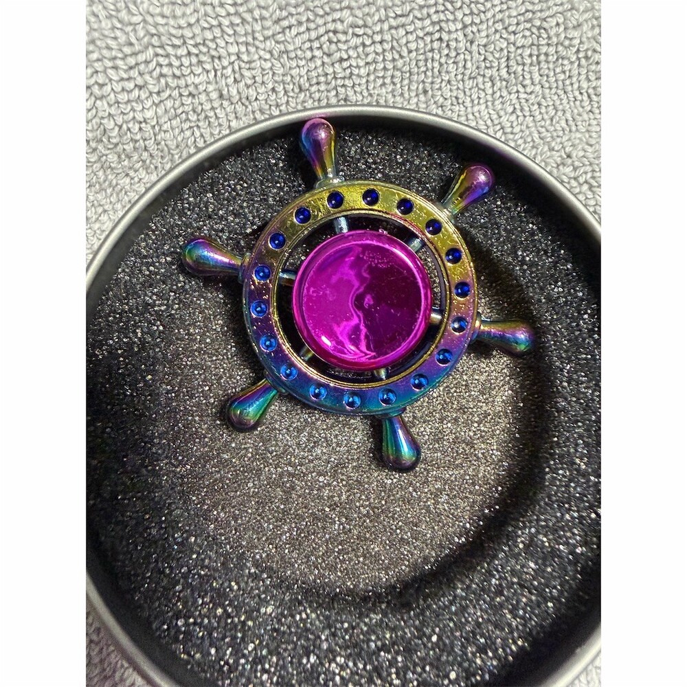 Rainbow Ship Wheel Fidget Spinner Purple Center Blue Rhinestones Tin Case